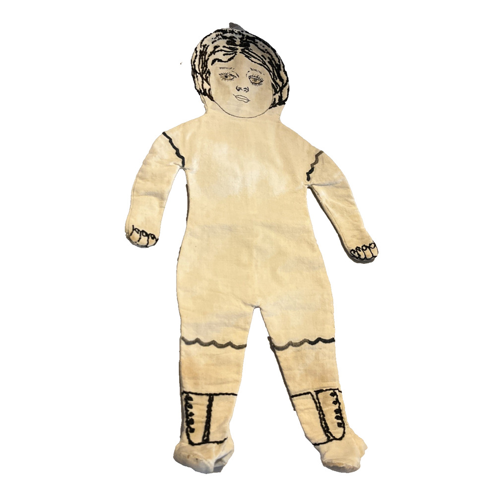 Antique Hand Stitched Needlepoint Cloth Doll Primitive American